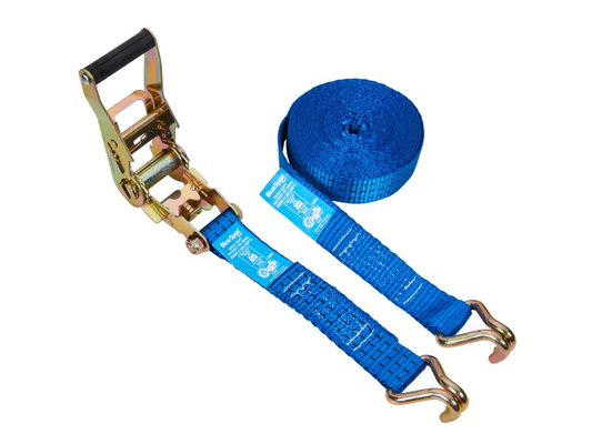 Blue ratchet strap with gold ratchets on a white background