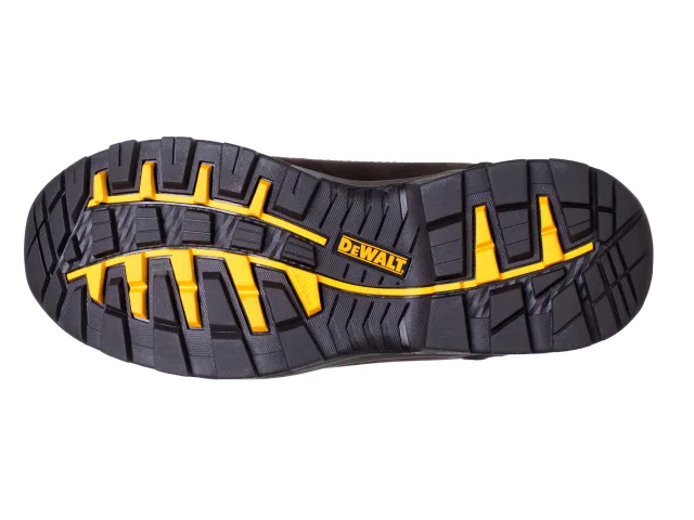 Black and yellow sole of a shoe with Dewalt branding on a white background