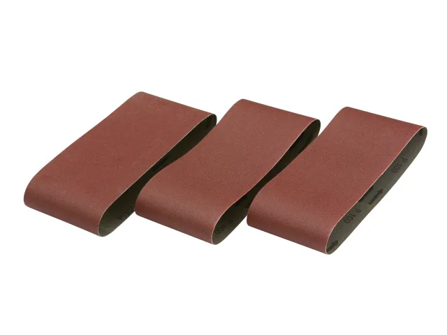 Three sanding belts of different widths on a white background