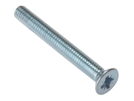 Metal screw with a flat head on a white background