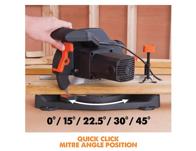 Circular saw with quick click mitre angle position feature on a wooden surface