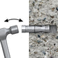 Hammer with a chisel attachment on a white background, next to a close-up of the chisel embedded in concrete.