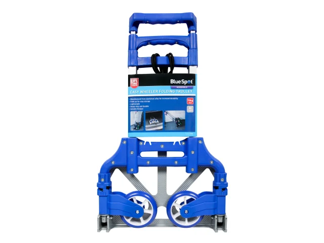 Blue portable hand truck with wheels on a white background