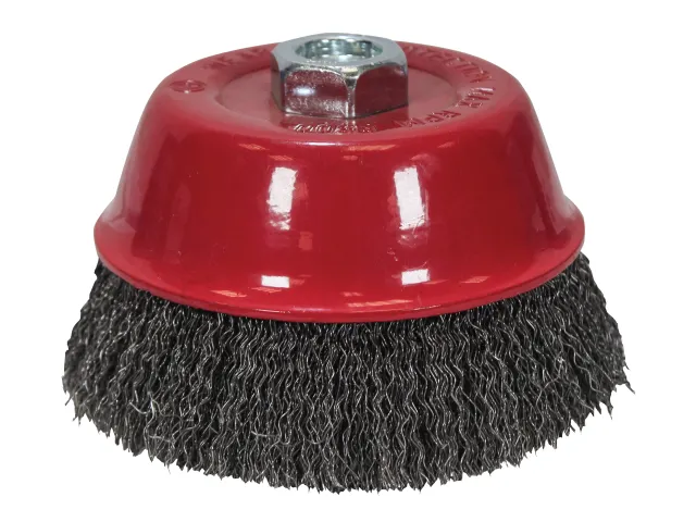 Red abrasive brush with black bristles on a white background
