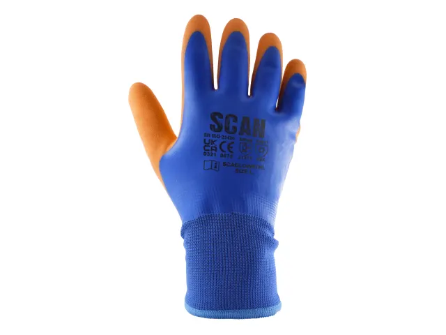 Blue work glove with orange palm on a white background