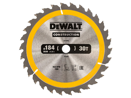 Portable Construction Circular Saw Blade 184 x 16mm x 30T, DEWALT