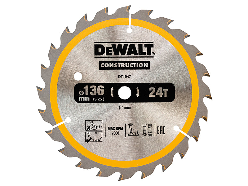 Cordless Construction Trim Saw Blade 136 x 10mm x 24T, DEWALT
