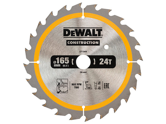 Cordless Construction Trim Saw Blade 165 x 20mm x 24T, DEWALT