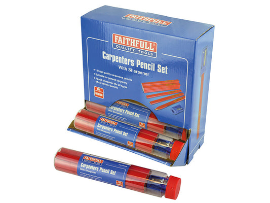 Carpenters Pencils Red (12 x Tubes of 12 + Sharpener), Faithfull