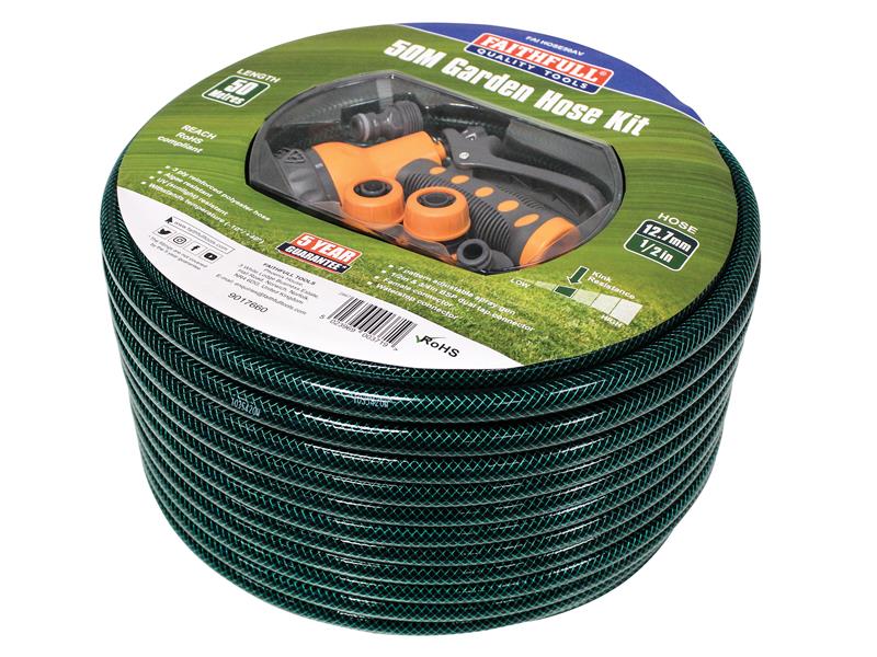 PVC Garden Hose 50m with Fittings & Spray Gun, Faithfull