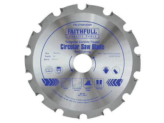 TCT Circular Saw Blade Nail Cutting 184 x 30mm x 14T NEG, Faithfull