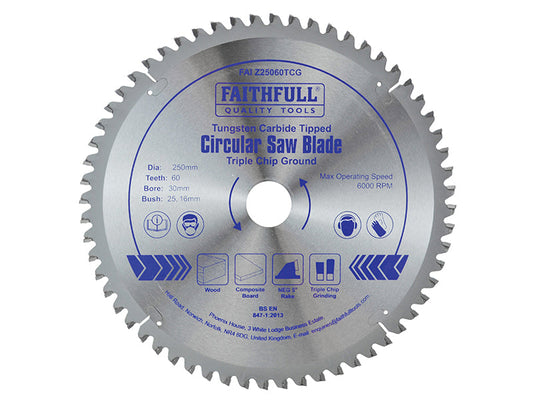 TCT Circular Saw Blade Triple Chip Ground 250 x 30mm x 60T NEG, Faithfull