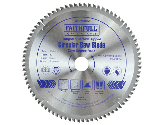 TCT Circular Saw Blade Zero Degree 250 x 30mm x 80T, Faithfull
