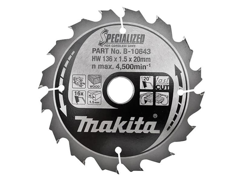 B-10643 Specialized Wood Blade for Cordless Saws 136 x 20mm x 16T, Makita