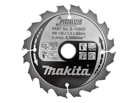 B-10643 Specialized Wood Blade for Cordless Saws 136 x 20mm x 16T, Makita