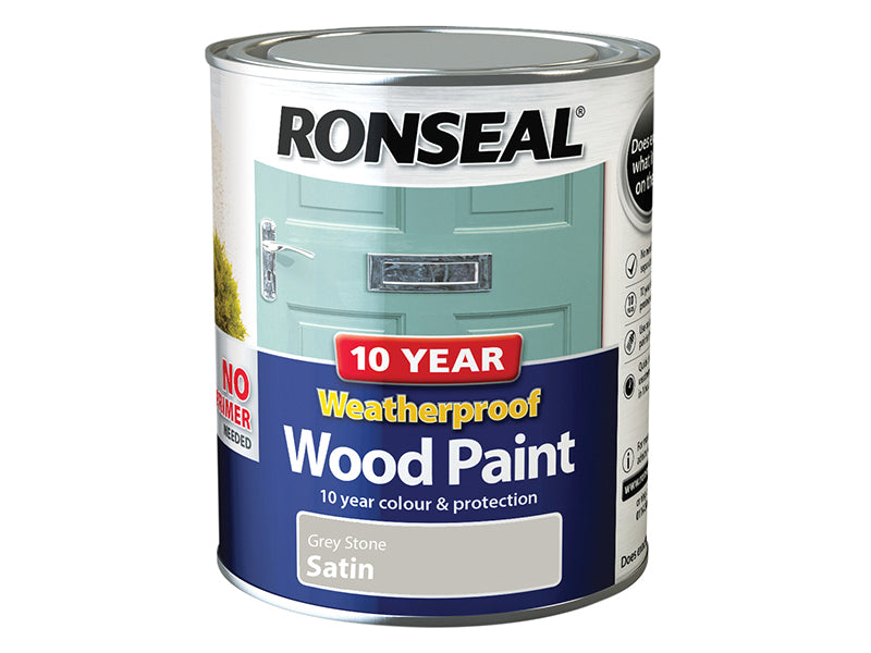 10 Year Weatherproof Wood Paint Grey Stone Satin 750ml, Ronseal